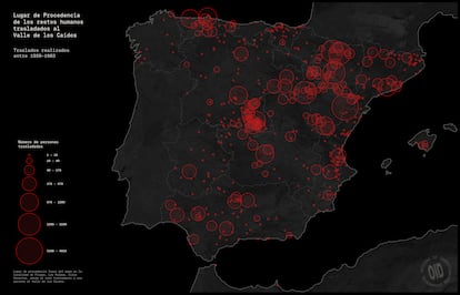 Mapa con las 506 fosas de donde vienen las personas trasladadas al Valle de Cuelgamuros. El tamaño de los círculos rojos corresponde al número de víctimas exhumadas y llevadas al Valle. 