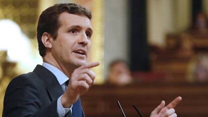 El presidente del Partido Popular, Pablo Casado, durante su comparecencia en el Congreso.
