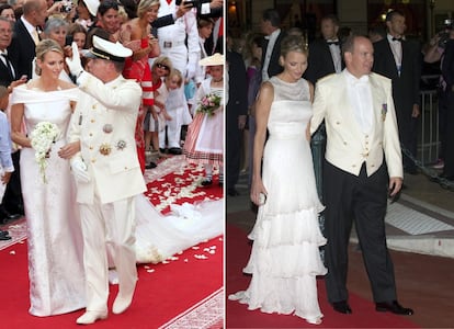 Para su boda con Alberto de Mónaco, Charlene llevó dos vestidos de novia.  A la izquierda, la exnadadora sudafricana, en la ceremonia religiosa del 2 de julio de 2011 con un vestido de Giorgio Armani en el que se invirtieron 2.500 horas de trabajo. Tras el sacramento, se cambió de vestido para la cena de gala en la Ópera, y escogióun vestido con una falda de capas de Giorgio Armani Privé.