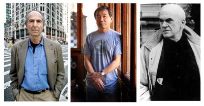 De izquierda a derecha, Philip Roth, Haruki Murakami y Milan Kundera