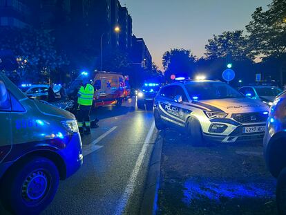 Agentes de la Policía Municipal de Madrid y sanitarios del Samur, en el lugar del atropello, el número 264 de la avenida de la Albufera.