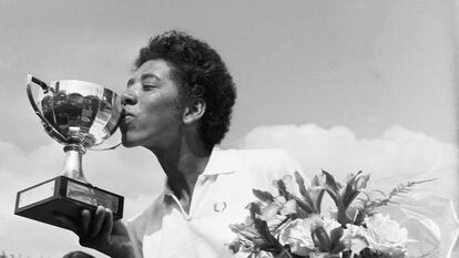 Althea Gibson, in 1956, during the French International Tennis Championships, now known as Roland Garros, the same year she became the first African American to win the trophy.