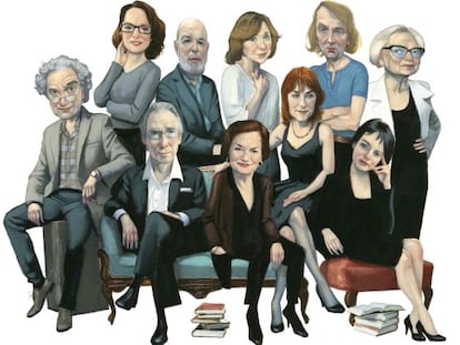 Da esquerda para a direita os escritores: Ricardo Piglia, Marta Sanz, Jaime Gil de Biedma, Svetlana Alexiévich, Michel Houellebecq e Inger Christensen; na frente, Ian McEwan, Élisabeth Roudinesco, Sara Mesa e Chantal Maillard.