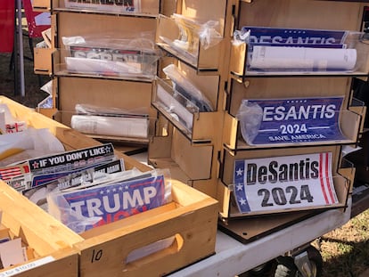 Bumper stickers supporting Florida Governor Ron DeSantis on sale at former President Donald Trump's rally in Conroe, Texas, on January 29, 2022.