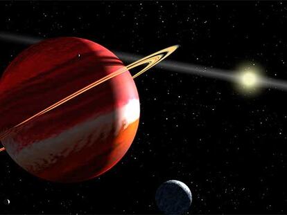 Representación del nuevo planeta, seguramente similar a Júpiter, con anillos y satélites y su estrella al fondo.