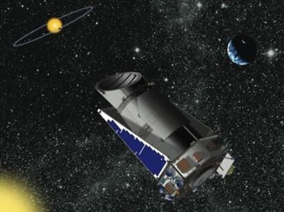 Representación del telescopio espacial <i>Kepler</i> observando otro sistema solar.