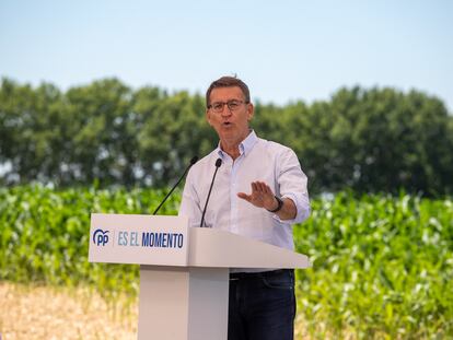 El líder del PP, Alberto Núñez Feijóo, en un acto de campaña este sábado, en la provincia de Lleida.