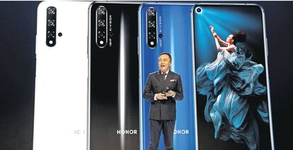 El presidente de Honor, la segunda marca de móviles de Huawei, George Zhao, durante el lanzamiento esta semana del modelo Honor 20 en Londres.
