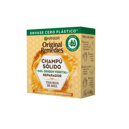 El champ slido de Garnier Original remedies utiliza un envase de cero plstico.