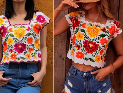 A la izquierda, el huipil con motivos mayas confeccionado en 2017. A la derecha, la blusa de la marca Shein