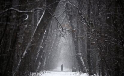 Un hombre camina por un parque nevado en Sofía, Bulgaría.