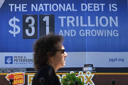 A billboard showing the debt limit is seen in Washington, DC on April 17, 2023. - The US government is expected to run out of money in the summer, defaulting on its debt for the first time in history, if Congress does not authorize additional borrowing. (Photo by Mandel NGAN / AFP)