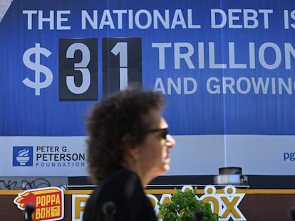 A billboard showing the debt limit is seen in Washington, DC on April 17, 2023. - The US government is expected to run out of money in the summer, defaulting on its debt for the first time in history, if Congress does not authorize additional borrowing. (Photo by Mandel NGAN / AFP)