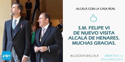 Mensaje que el PP de Alcal&aacute; de Henares colg&oacute; en Twitter con la imagen de Felipe VI y Javier Bello. 