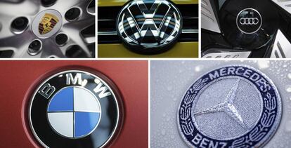 Los logos de los fabicantes de automóviles (i-d, arriba-abajo) Porsche, Volkswagen (VW), Audi, BMW y Mercedes.