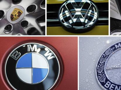 Los logos de los fabicantes de automóviles (i-d, arriba-abajo) Porsche, Volkswagen (VW), Audi, BMW y Mercedes.