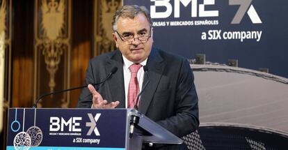 Javier Hernani, consejero delegado de BME, durante la presentación del balance anual en la Bolsa de Madrid.