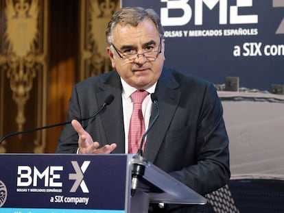 Javier Hernani, consejero delegado de BME, durante la presentación del balance anual en la Bolsa de Madrid.
