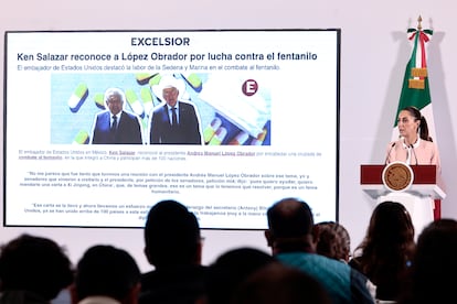 Claudia Sheinbaum durante la rueda de prensa de este jueves en Palacio Nacional.