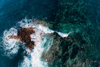 Vista aérea de una ola rompiendo sobre un afilado arrecife de lava en Tenerife (Islas Canarias).