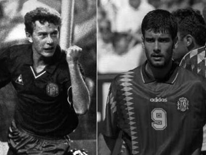 Butragueño ( a la izquierda) celebra un gol con España. Guardiola, con el alemán Effenberg.