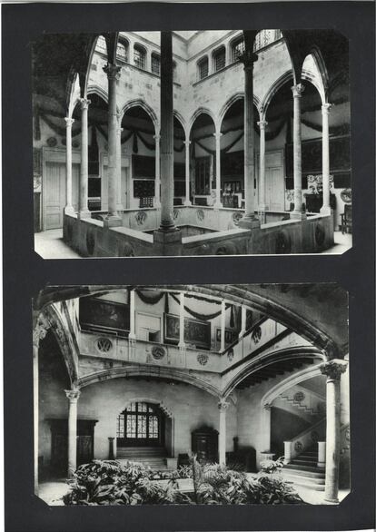 Planta baixa i primer pis del pati de la casa Gralla reconstruït a la finca dels Brusi de Sant Gervasi de Barcelona, en una imatge anterior al 1936.