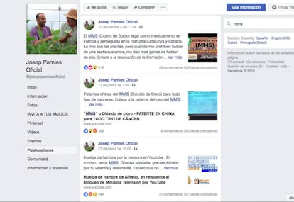 Facebook de Josep Pàmies promocionando la sustancia prohibida MMS.