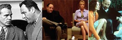 De izquierda a derecha, James Gandolfini con Billy Bob Thorton en <i>El hombre que nunca estuvo allí; con Edie Falco en una escena de Los Soprano, y con Julia Roberts en The mexican.</i>