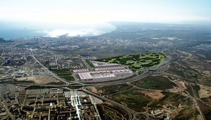 Simulaci&oacute;n y vista a&eacute;rea de la nueva &aacute;rea comercial de Rabassa en Alicante. 
