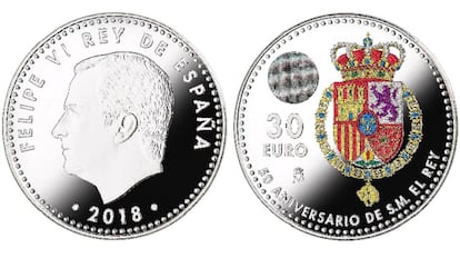 Anverso y reverso de la moneda conmemorativa del 50 cumplea&ntilde;os del rey.