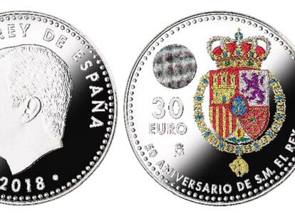 Anverso y reverso de la moneda conmemorativa del 50 cumpleaños del rey.