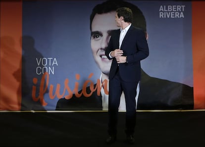 El líder de Ciudadanos a la presidencia del Gobierno, Albert Rivera, durante el acto de inicio de campaña en Madrid.