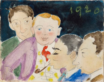 Caricatura de los cuatro amigos Enric Cristògfol Ricart,  Joan Miró, Maria Espinal y Lluís Mercadé en un dibujo atribuido a Marian Espinal que habla de la relación entre ellos y el escritor en 1920.