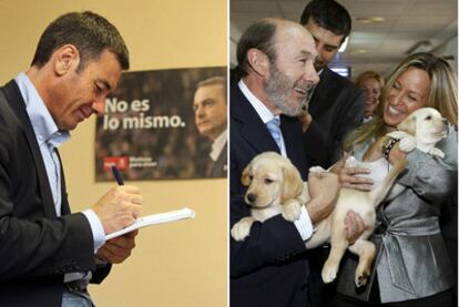 Tomás Gómez (izquierda) y  Alfredo Pérez Rubalcaba y Trinidad Jiménez, ayer, con dos cachorros en la Fundación ONCE.