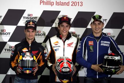 Pedrosa, Márquez y Lorenzo, en la presentación del GP de Australia.