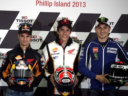 Pedrosa, Márquez y Lorenzo, en la presentación del GP de Australia.