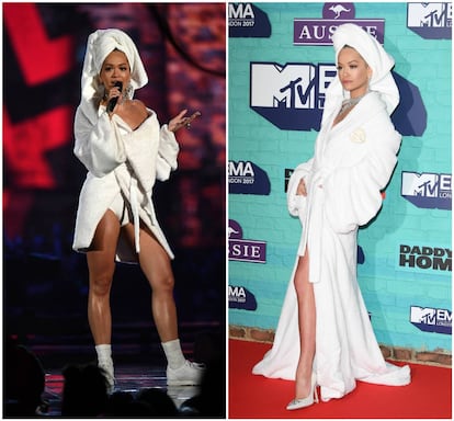 Rita Ora, con los dos albornoces que lució en los premios MTV EMA.