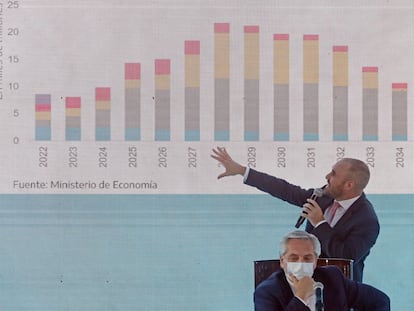 El presidente de Argentina, Alberto Fernández, (sentado) y el ministro de Economía, Martín Guzmán, muetran ante gobernadores detalles de la negociación con el FMI, el 5 de enero de 2022 en la Casa Rosada, Buenos Aires.