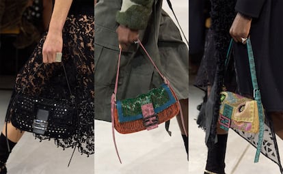Varios de los bolsos Baguette Re-Edition 2026, presentados durante el desfile de la colección otoño-invierno 2026/27 de Fendi.