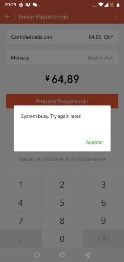 Intentos fallidos de envío de 89,64 y 64,89 yuanes -fecha del aniversario de la matanza de Tiananmen- en WeChat.