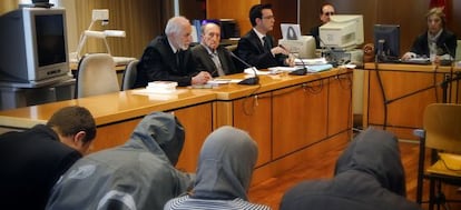The four defendants during trial for the 2009 assault of a homeless man.