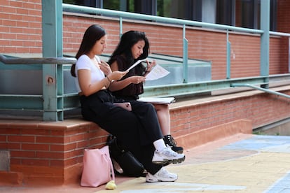 Dos estudiantes dan los últimos repasos a los apuntes antes de la prueba en la Facultad de Químicas de la Universidad Complutense de Madrid, este martes.