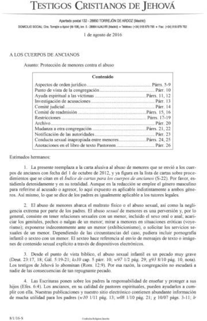 Primera página del documento interno de los Testigos de Jehová en el que se da instrucciones sobre cómo actuar ante casos de abusos a menores.