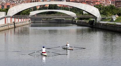 Dos remeros entrenan en el tramo 9 del río Manzanares.