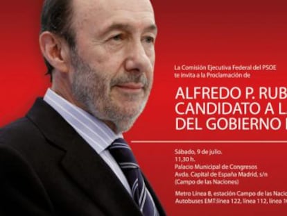 Invitación del PSOE al acto de proclamación de Pérez Rubalcaba.