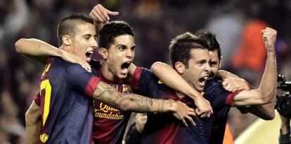 Tello, Bartra, Jordi Alba y Villa celebran el definitivo gol ante el Celtic.