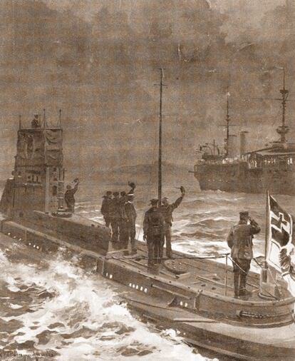 An illustration from June 1916 showing the crew of a German submarine greeting March’s ship the Cataluña.