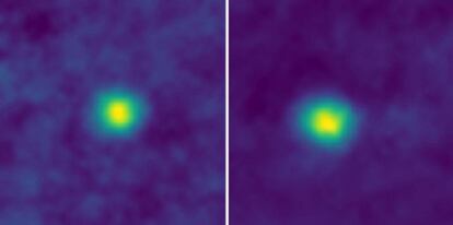 Estas imágenes en falso color de los objetos 2012 HZ84 (izquierda) y 2012 HE85 del cinturón de Kuiper, captadas en diciembre de 2017, son las captadas más lejos de la Tierra por una nave espacial.