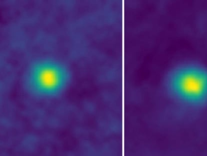 Estas imágenes en falso color de los objetos 2012 HZ84 (izquierda) y 2012 HE85 del cinturón de Kuiper, captadas en diciembre de 2017, son las captadas más lejos de la Tierra por una nave espacial.