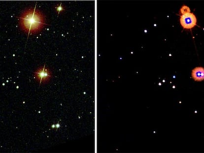 Las imágenes muestran (antes y después) la zona del cielo en la que se observó el 18 de febrero una supernova (en el grupo central de estrellas).